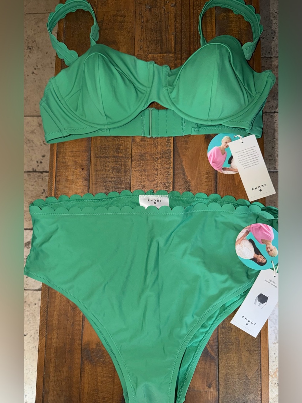 RHODE Scallop-Trim Bandeau Bikini Set in Green